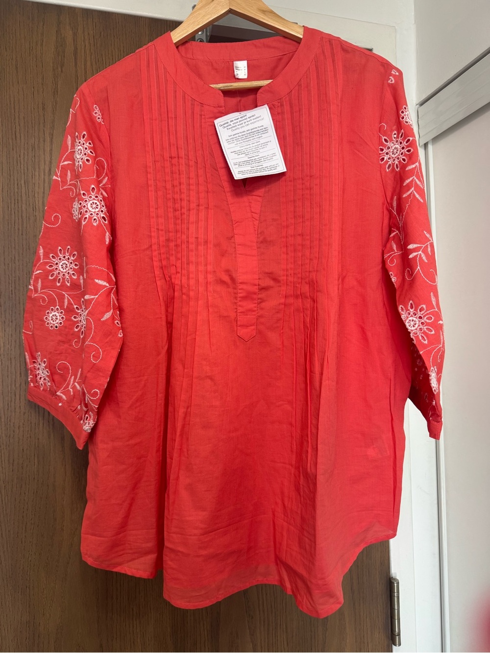 Coral orange Embroidered Sleeve Tunic Top Blouse size XL 48 European cotton top